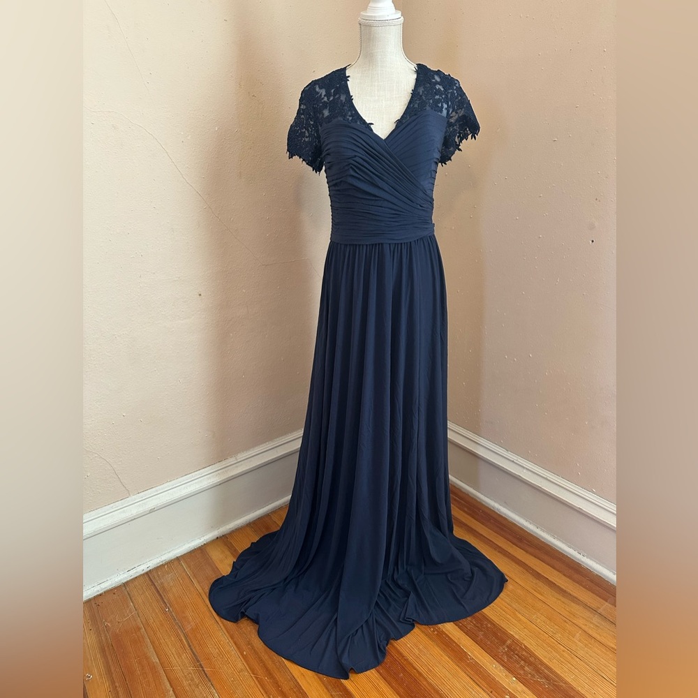 La Femme Navy Blue Lace Mother of the Bride Dress